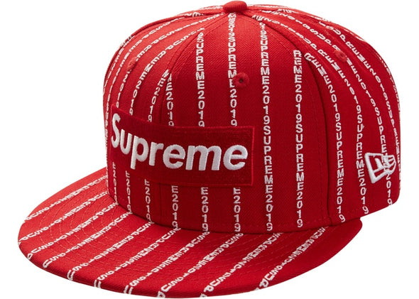 SUPREME TEXT STRIPE NEW ERA CAP 'RED'